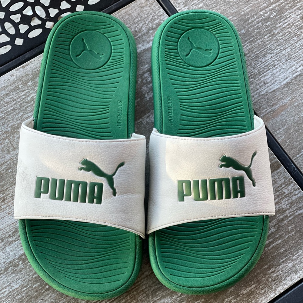 Puma Emerald and White Slide Sandals
